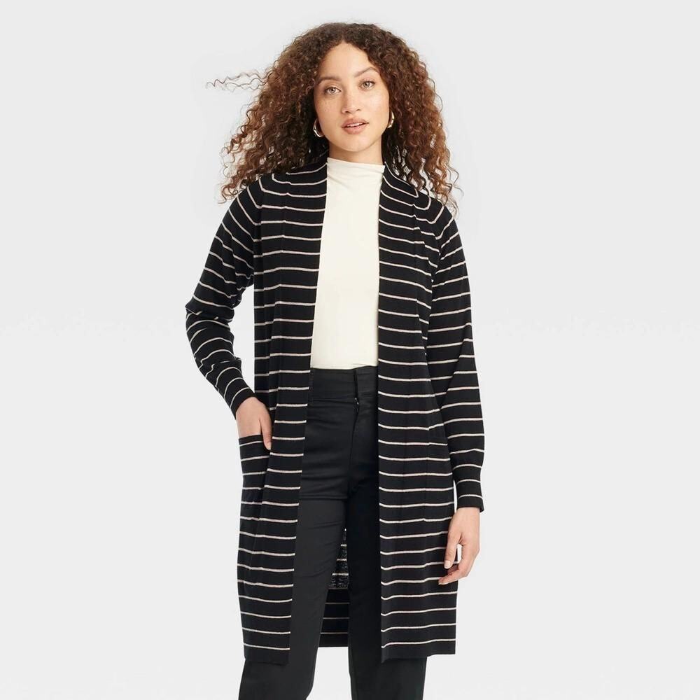 Women's Duster Cardigan - a New Day Black/Taupe Striped S